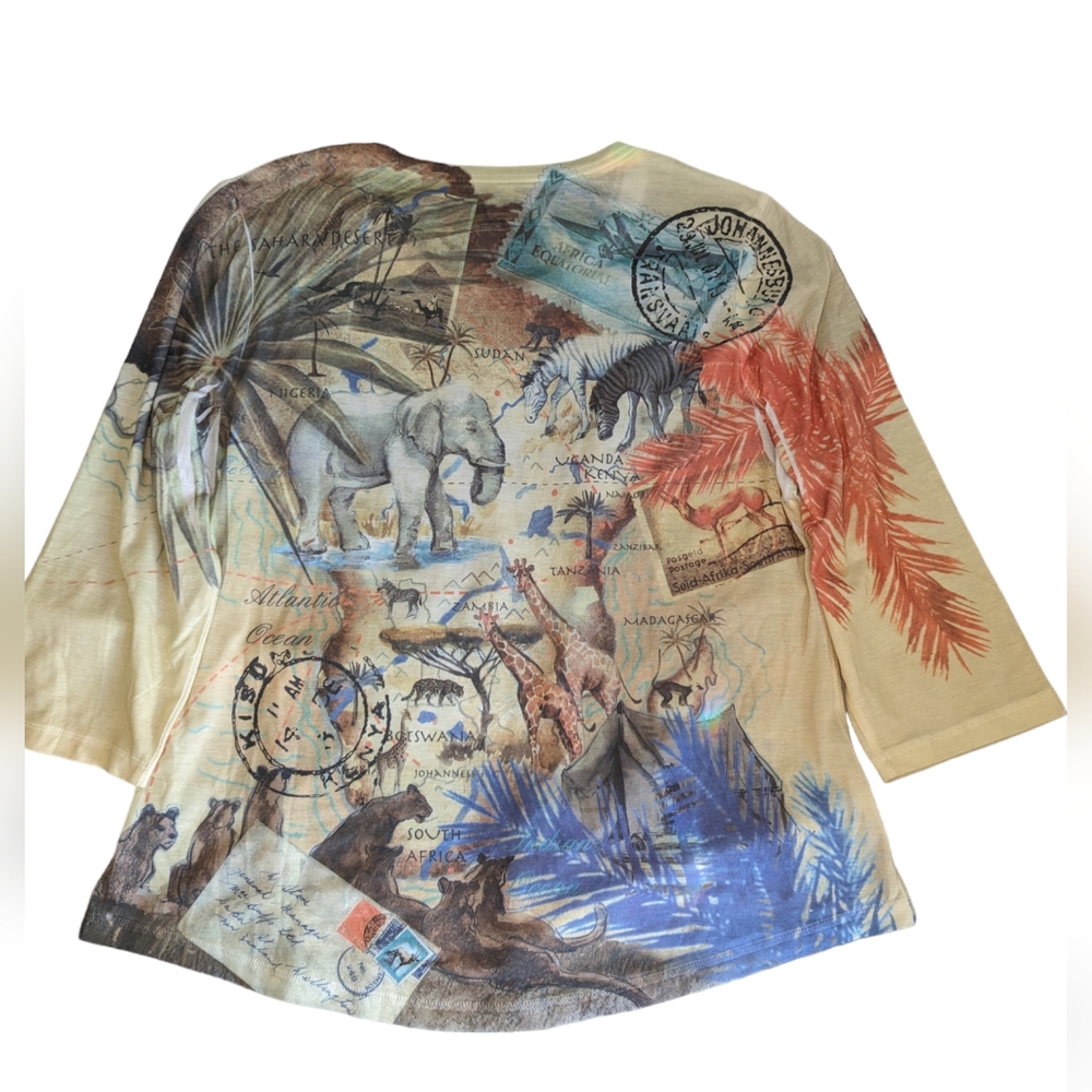 Chico's African 🐆🐘🦛🦏🦒🦓🦁passport colorful 3/4 sleeve top size2